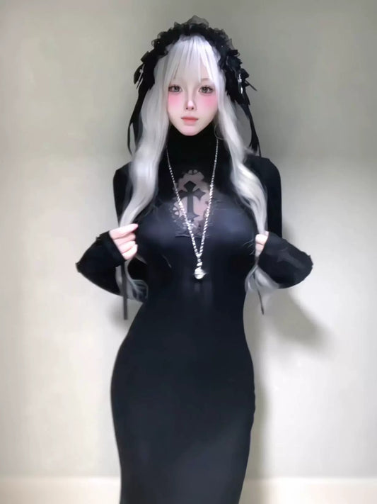 Dark cross fish tail long skirt Gothic mesh hollow dress