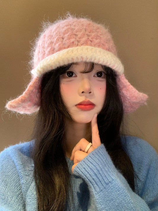 Pink plush knitted ear protection cap