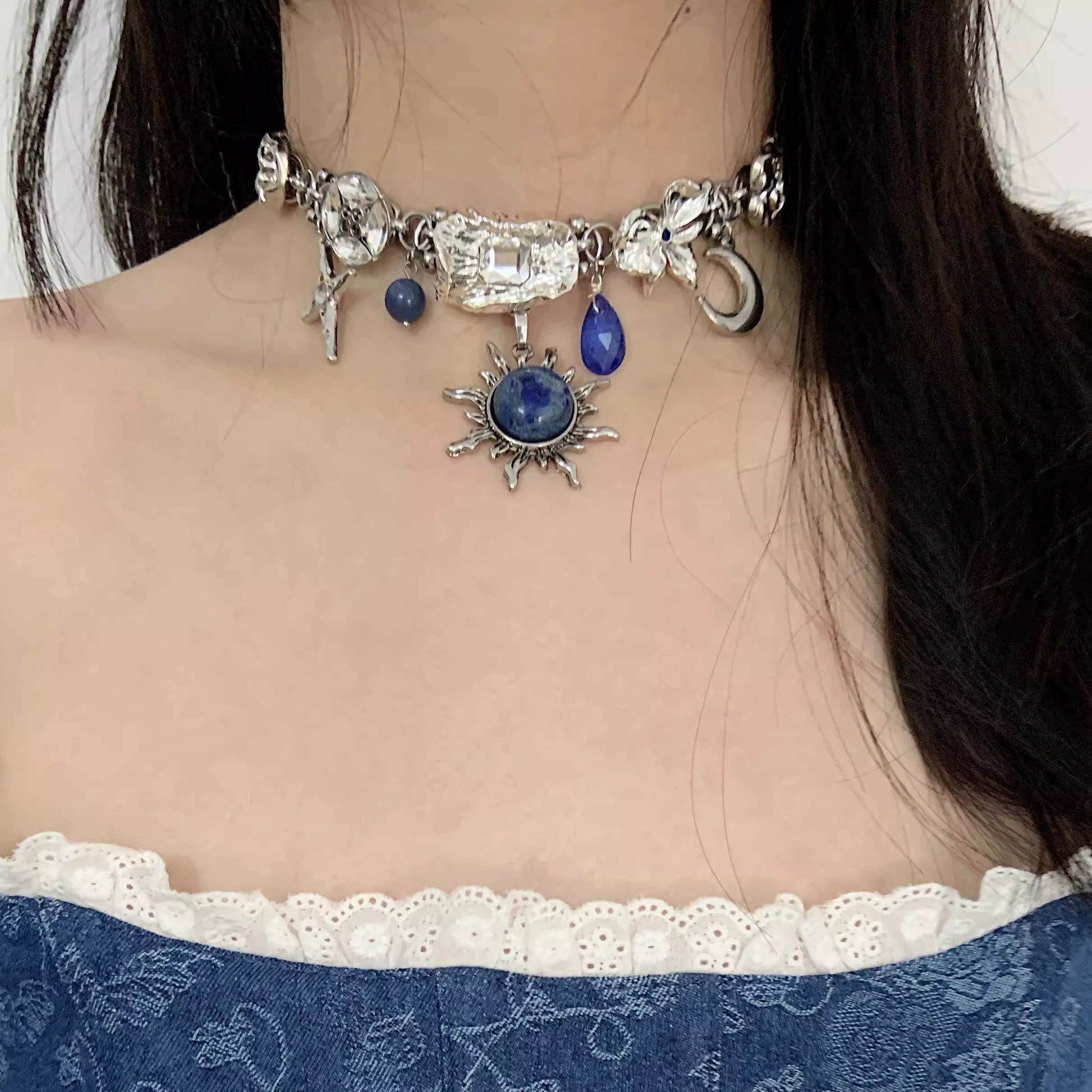 Zeus "lapis lazuli sun star moon pendant necklace choker