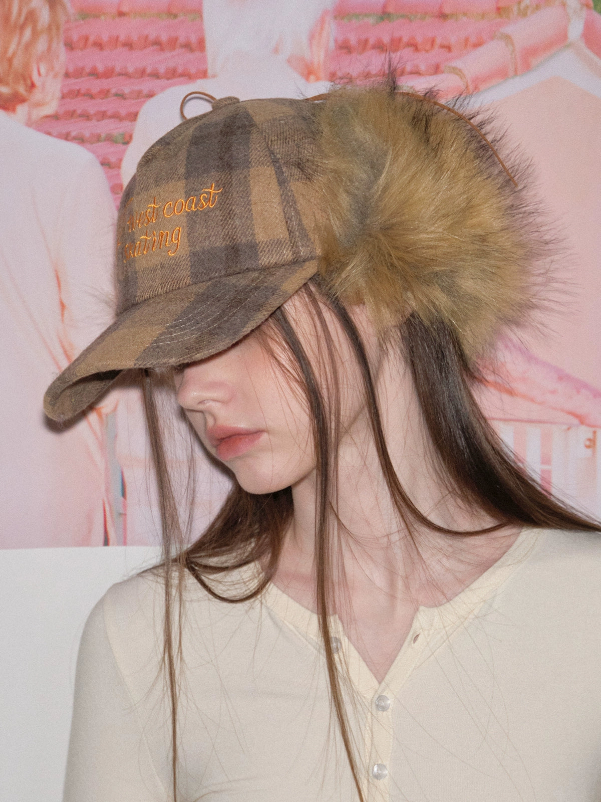 Retro plaid plush ear protector baseball cap