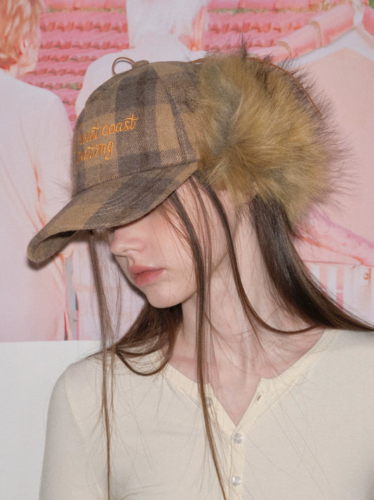 Retro plaid plush ear protector baseball cap