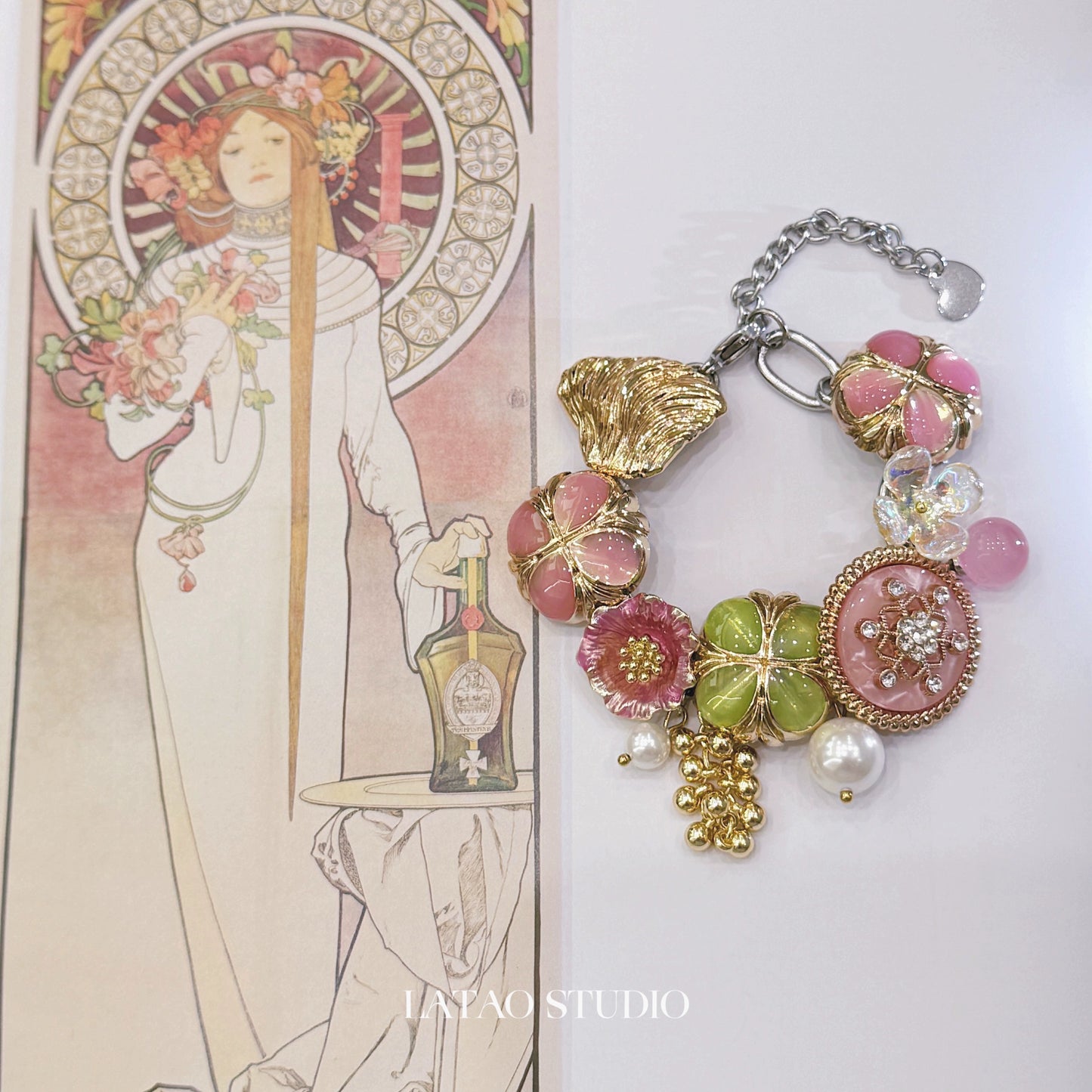 JUICY Pink Green Flower Pearl Titanium Steel Bracelet