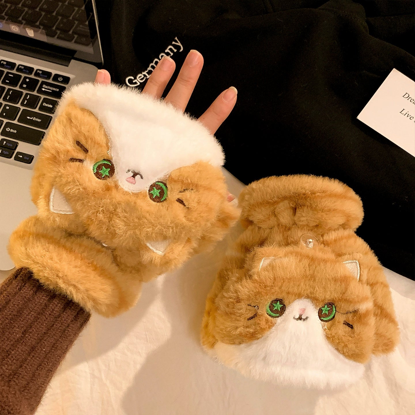 Lanhua Cat Flip up Half Finger Plush Gloves