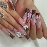 Long water tubular French 3D bow pearl nails