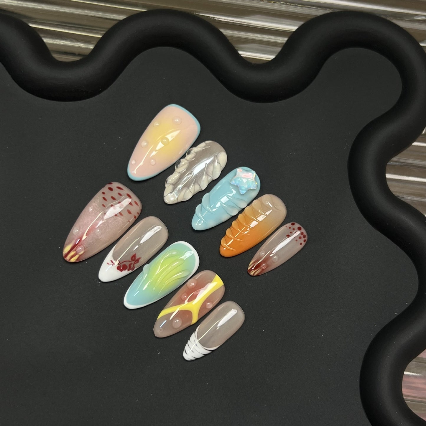 Three dimensional carved French nail art almond shaped handmade nail tip