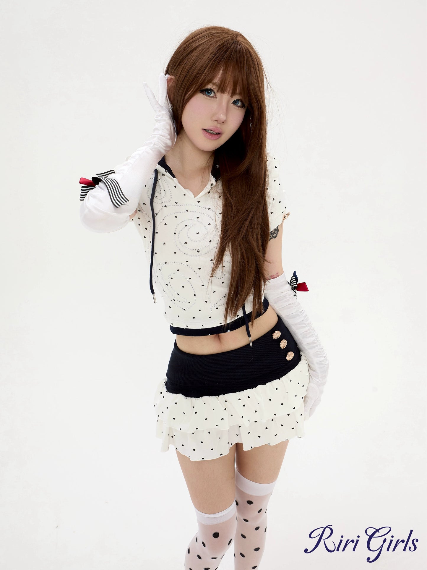 two little devil love print puff sleeve short skirt set