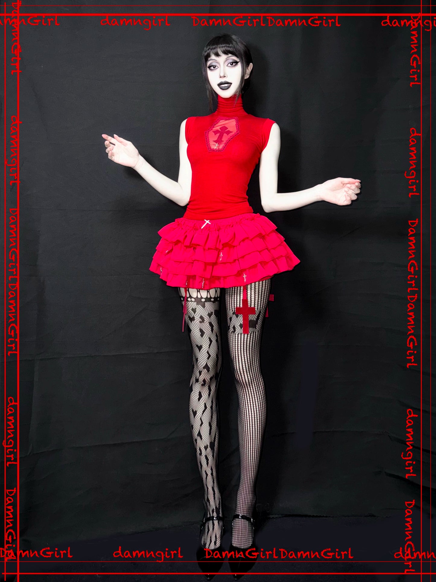 Christmas Wine Deep Red Gothic Cross Hollow High Neck Knitted Shirt