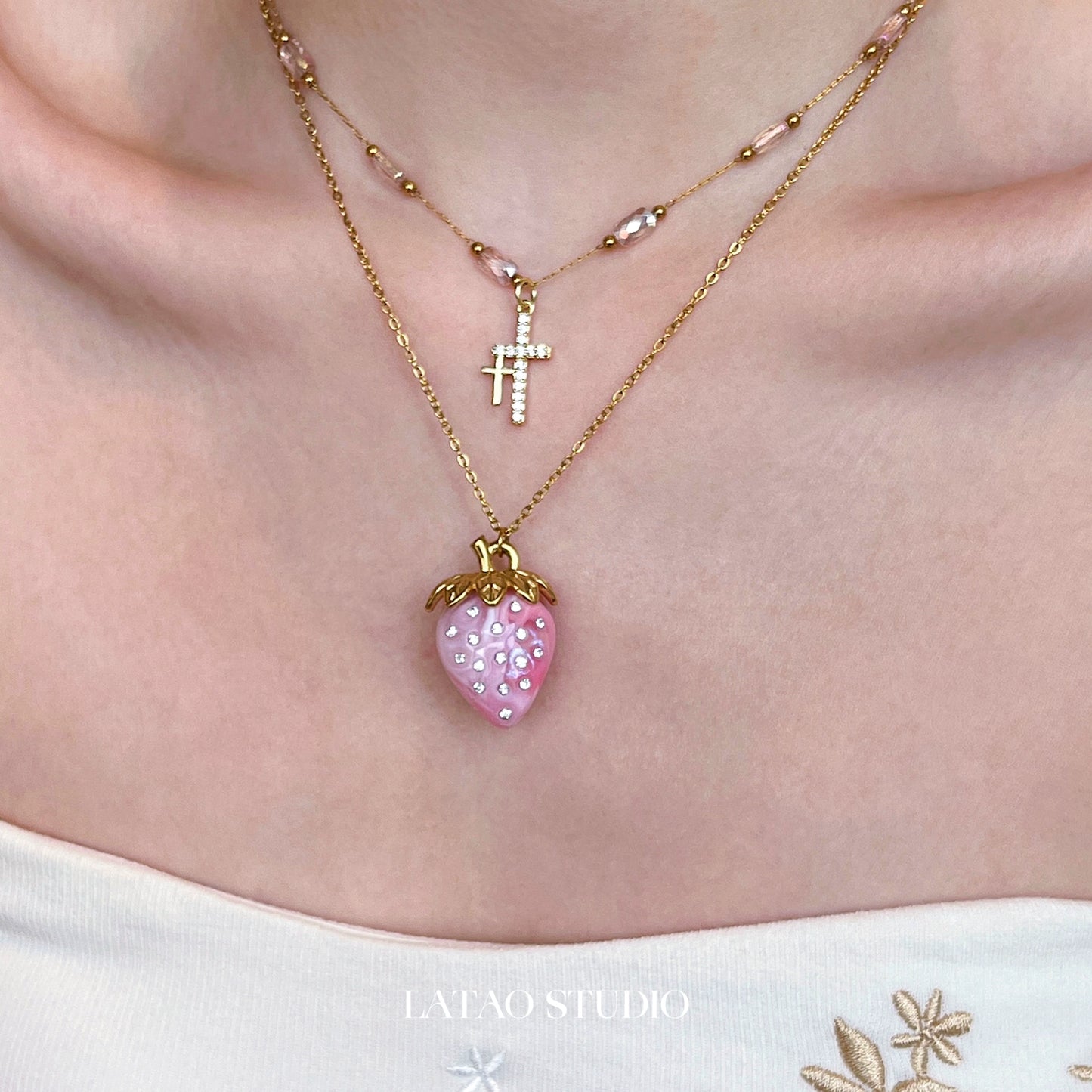 Pink Cat Eye Cross Strawberry Titanium Steel Necklace