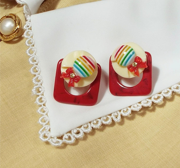Rainbow Hat~Swimming Goldfish~Showa Flavor Summer Festival Colorful Candy Girl Earrings Strawberry Red