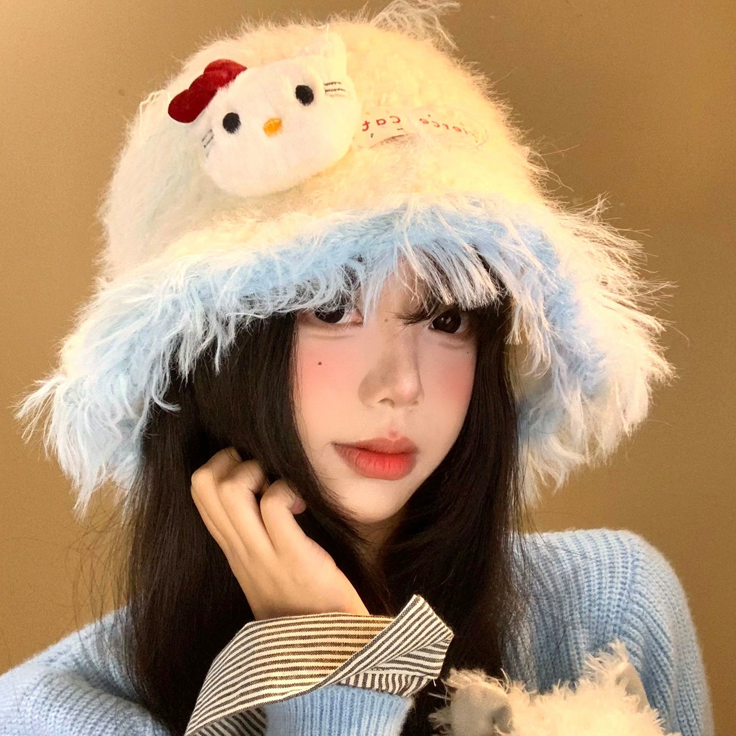 Kitty cat plush knitted fisherman hat