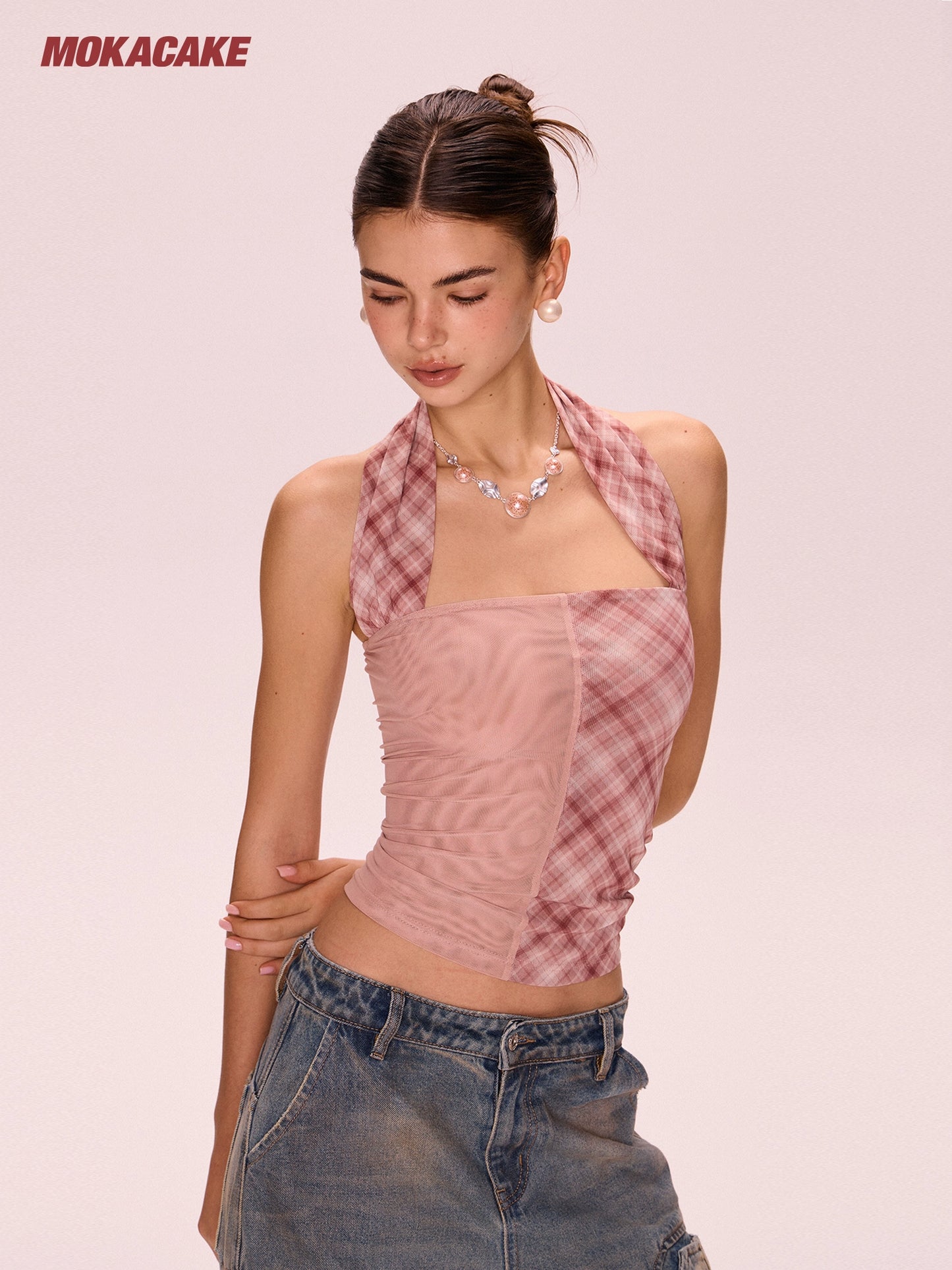 Pink checkered patchwork halter strap with exposed back