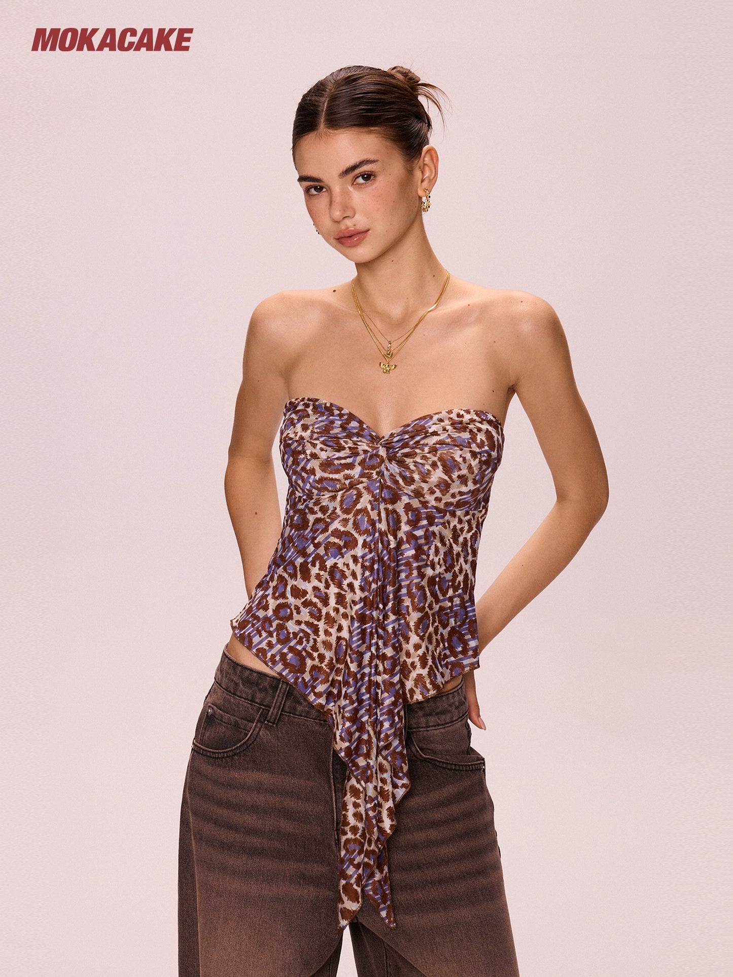 Leopard print irregular strapless