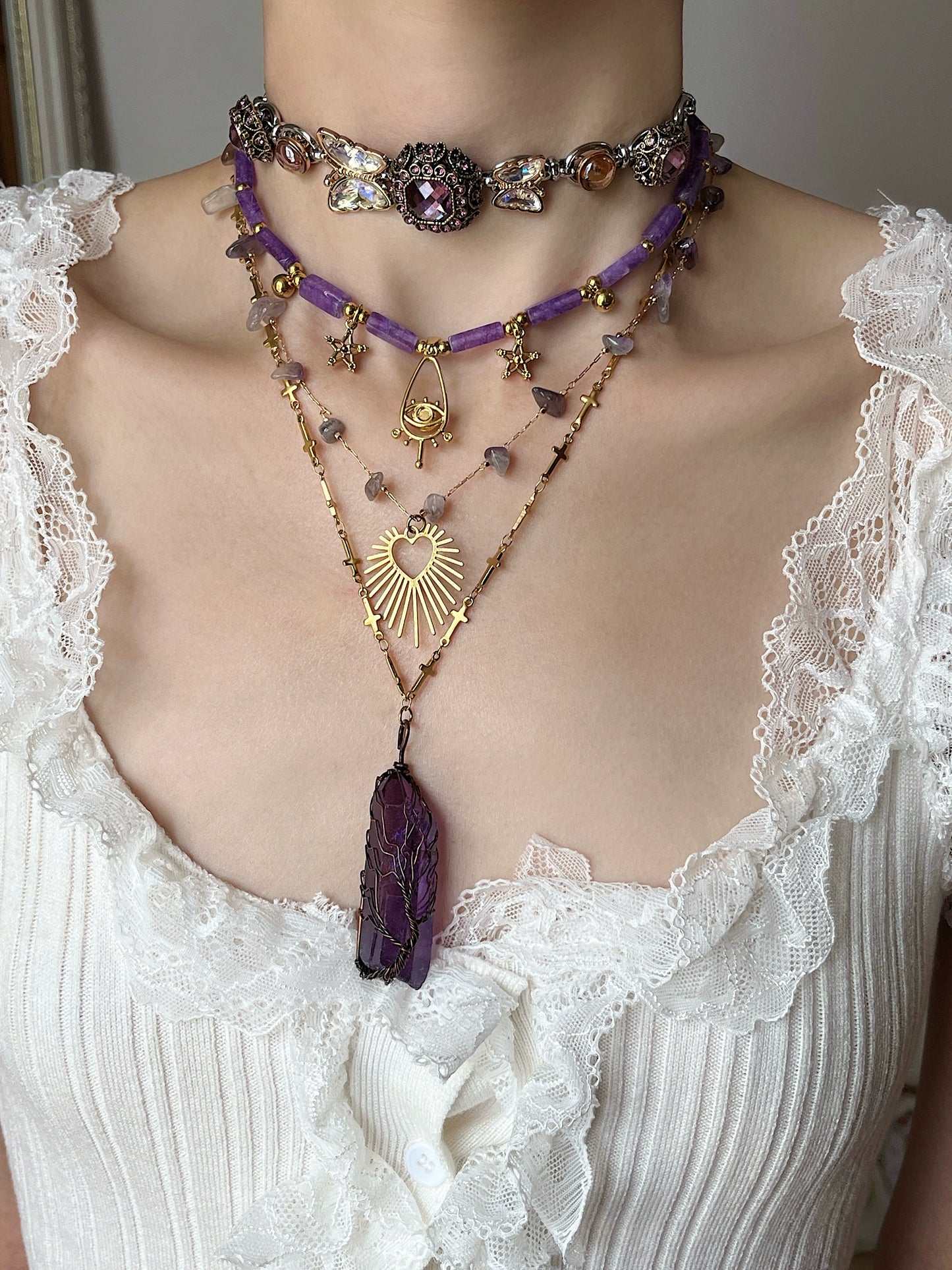 Purple Spirit Crystal Natural Stone Love Titanium Steel Necklace Stacked