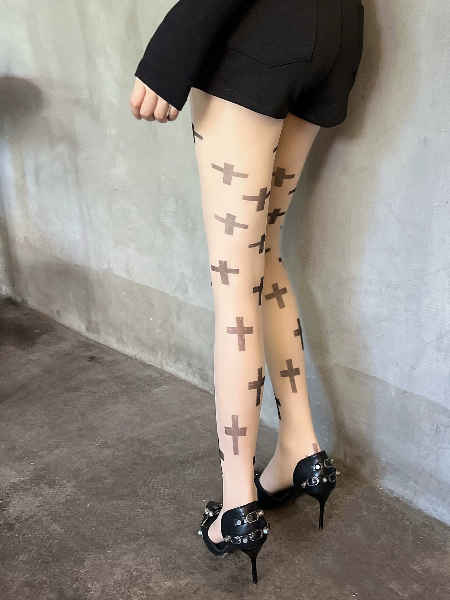 Minimalist Cross Print Sheer Tights