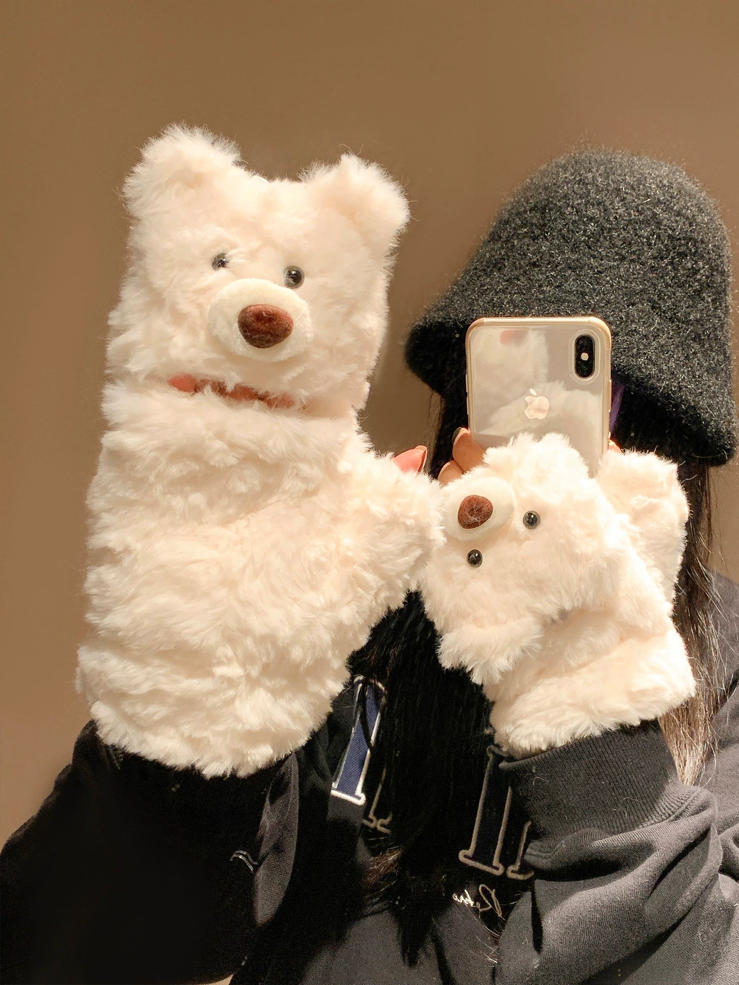 Cute teddy bear flip half finger plush gloves