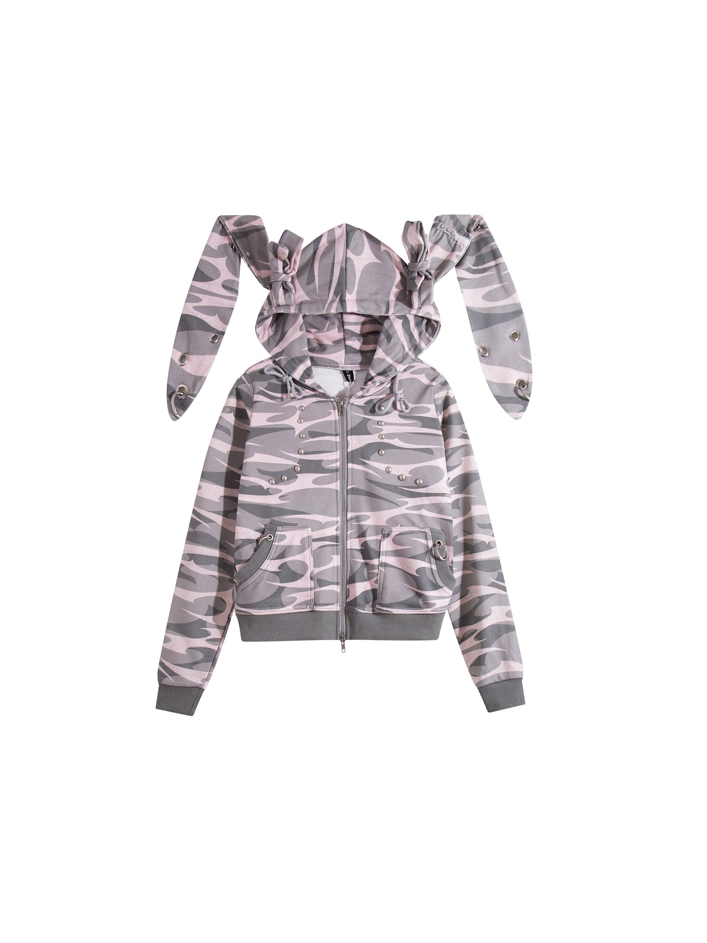 Camouflage rabbit hooded drawstring hoodie plush shorts set
