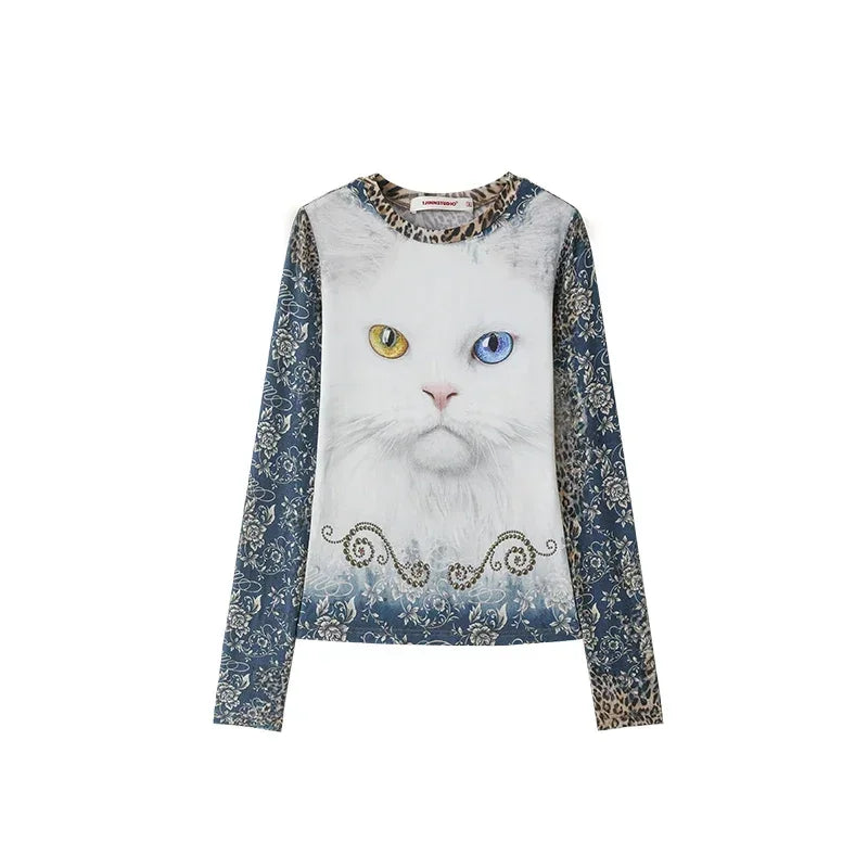 Leopard print cat print crew neck long-sleeved top