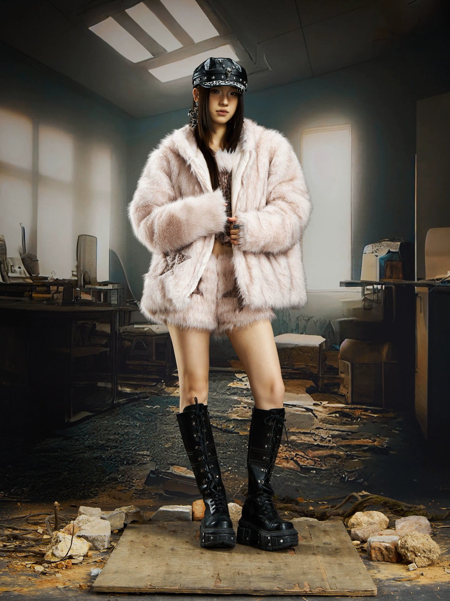 Imitation mink fur ear hooded star clip cotton zipper jacket