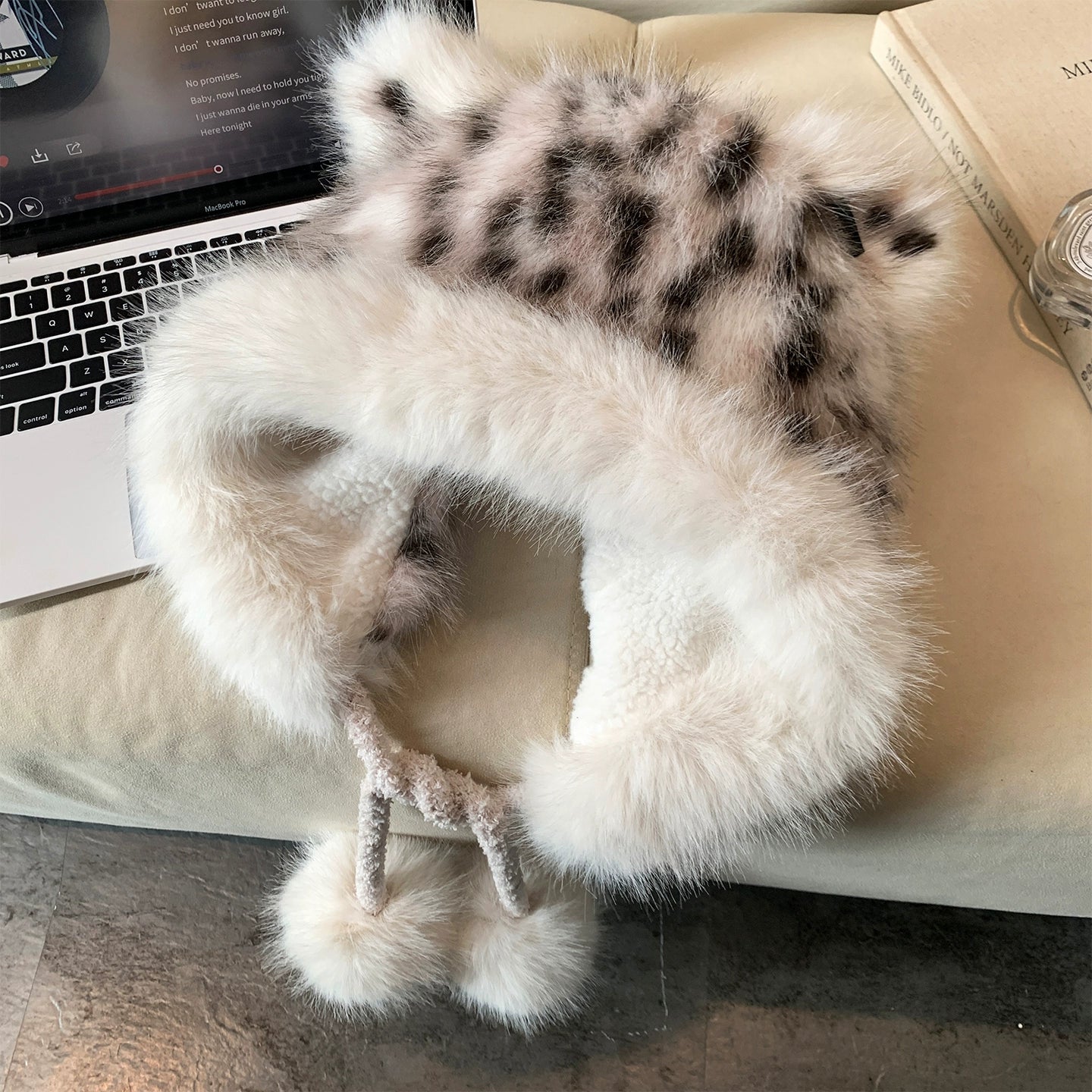 Leopard print fox ear plush hat