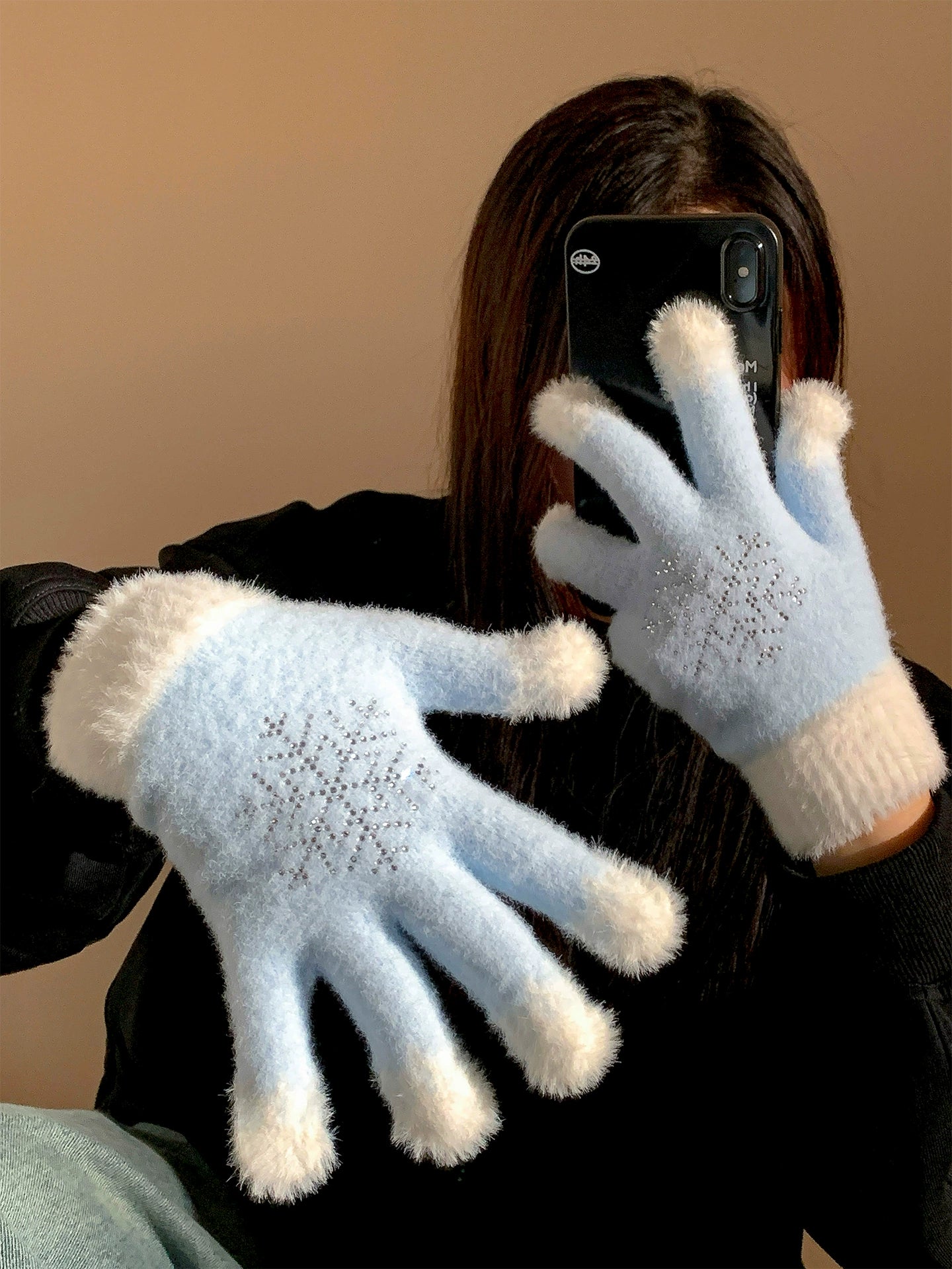 Blue rhinestone snowflake plush knitted gloves