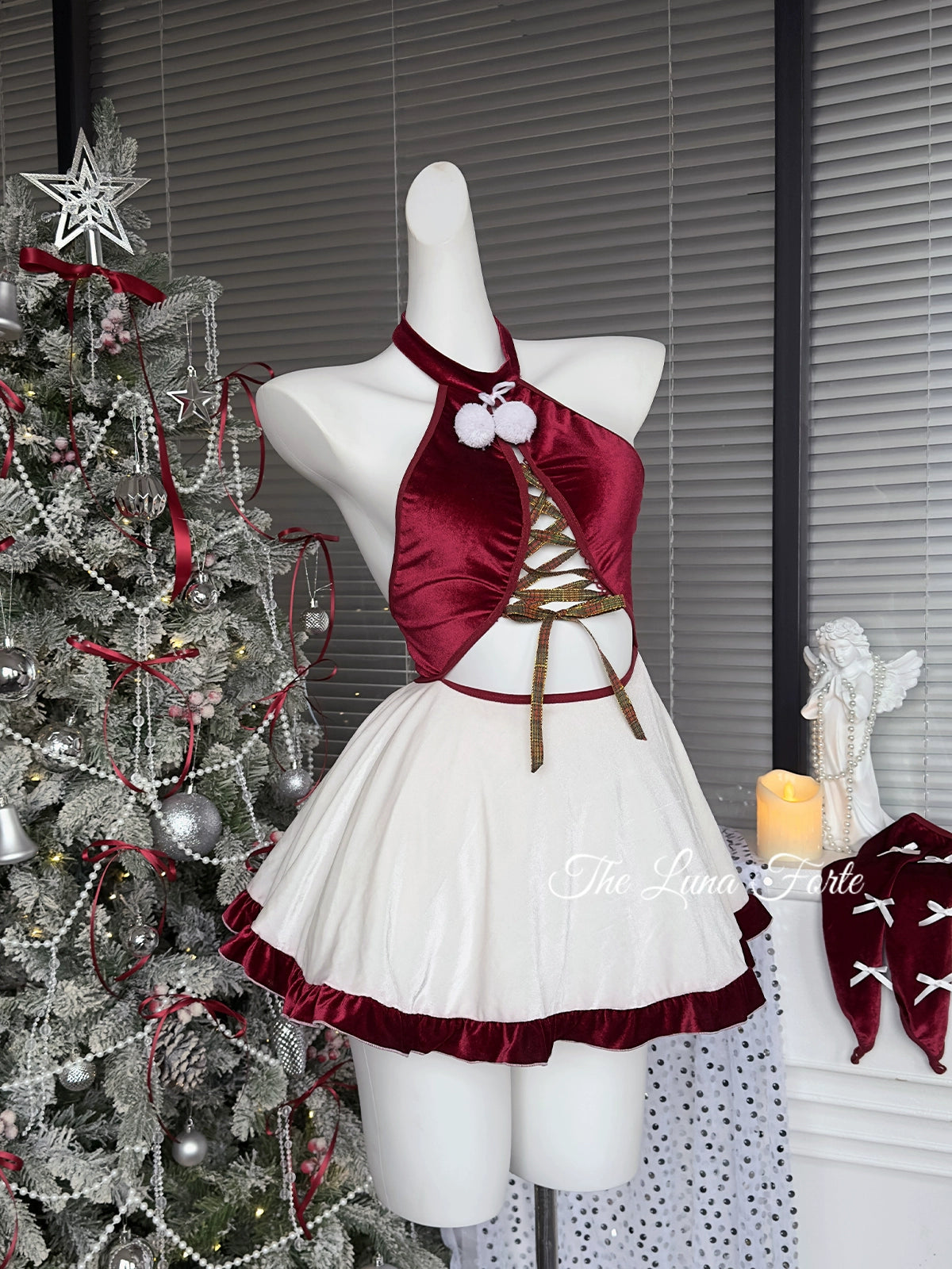 Christmas Red Velvet Neck Hanging Dress