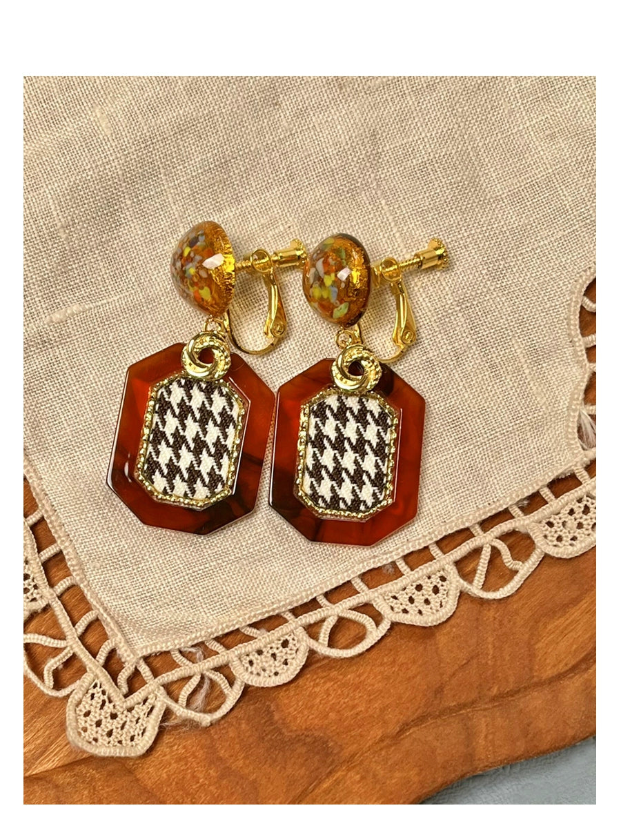 ~Genius Chess Girl~Antique Sparkling Gemstone Amber Checkered Earrings