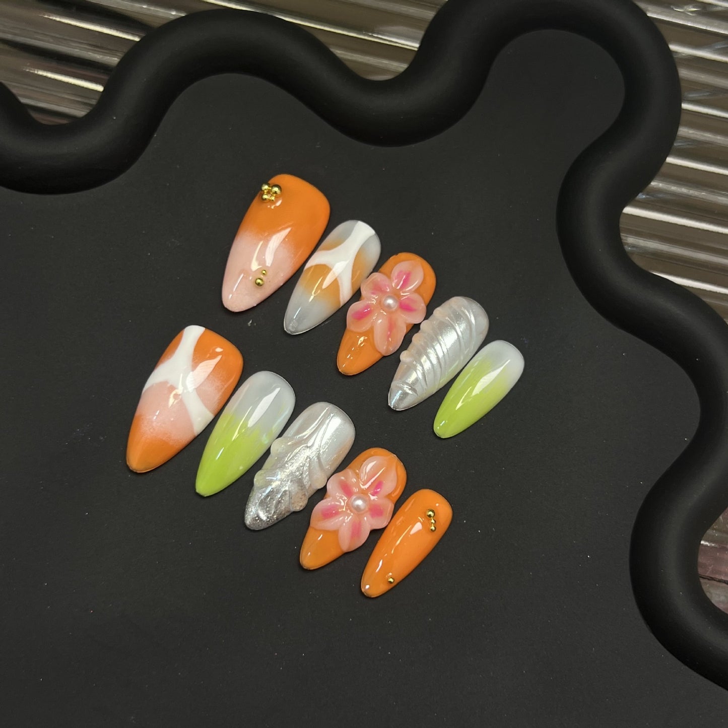 Handmade almond nail carving California sunset nail art nail tip