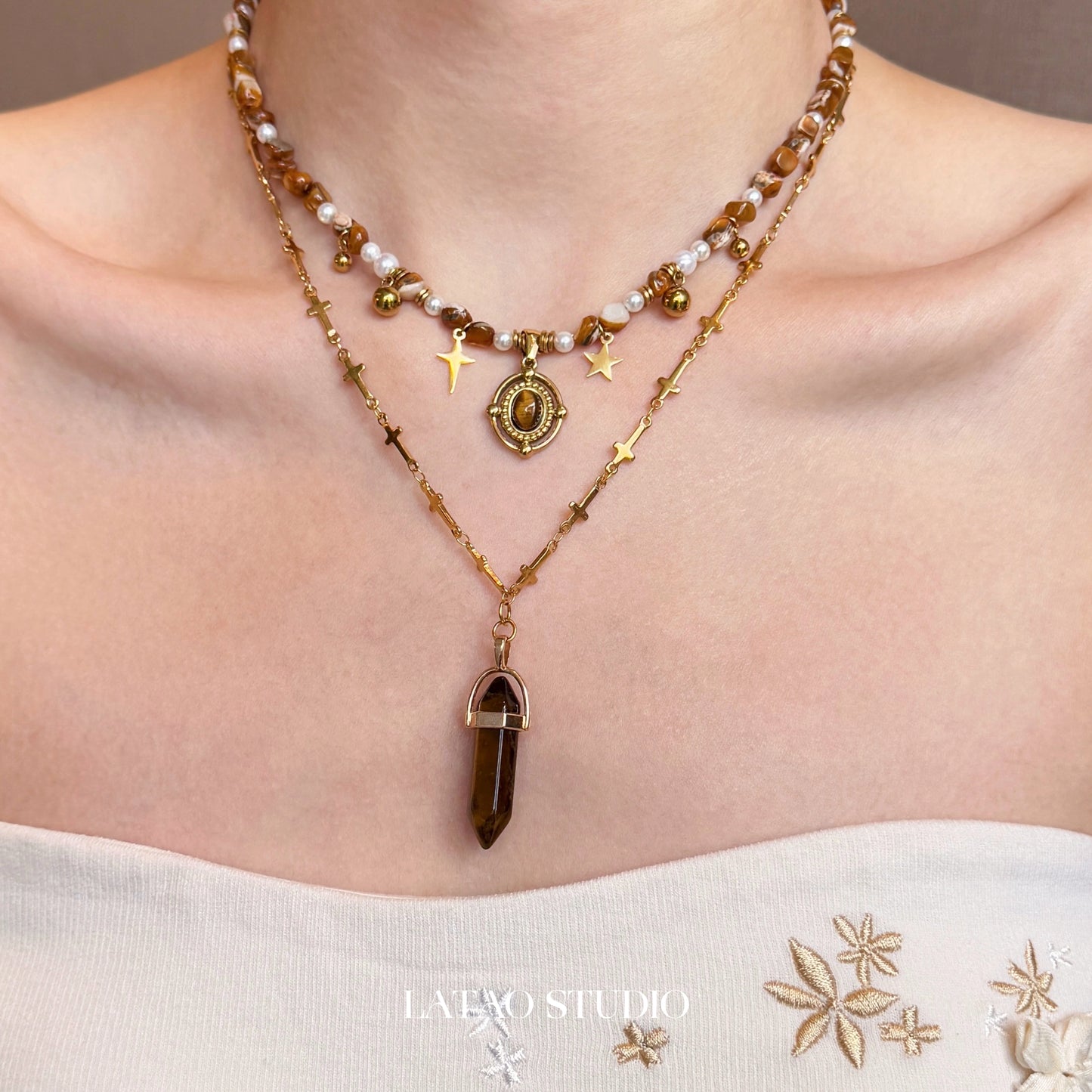 Late Autumn Brown Tiger Eye Flower Pearl Vintage Beaded Necklace