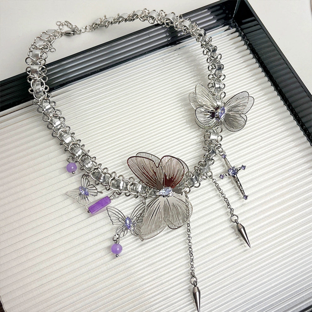 Exquisite Purple Diamond Hollow Cross Butterfly Necklace Ring