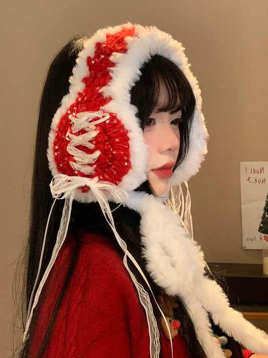 Red lace bow knitted earmuffs