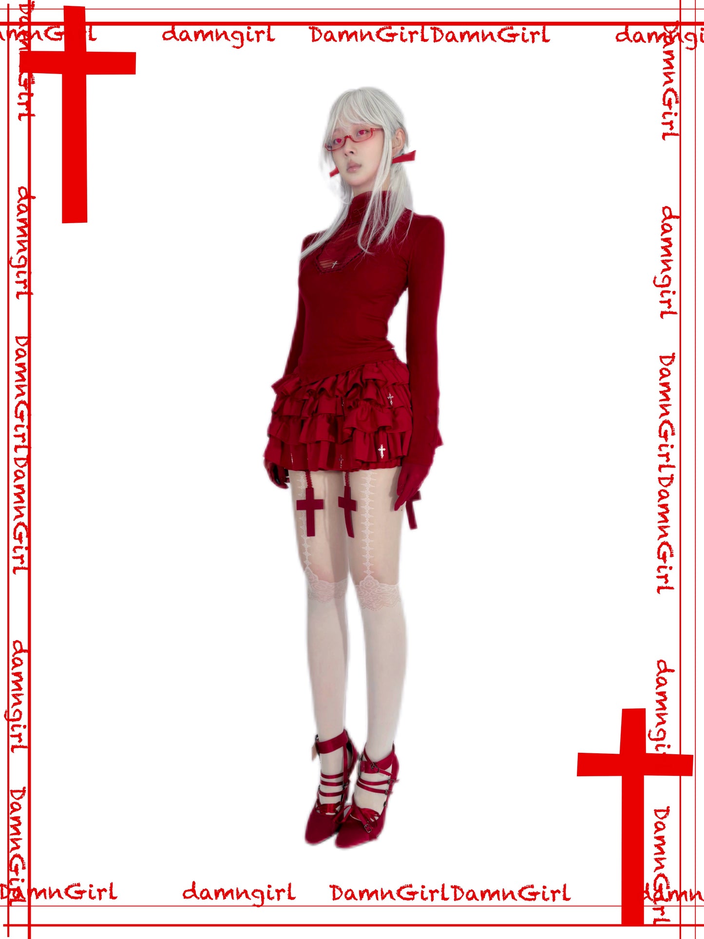 Wine Red Gothic Cross Hollow Modal High Collar Bottom Shirt