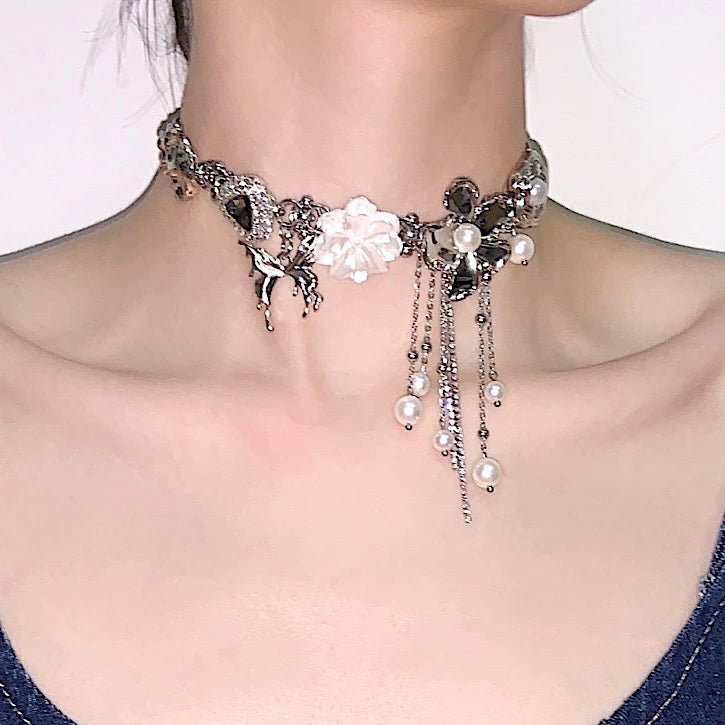 Broken Dream Butterfly Titanium Steel Necklace Flower Pearl tassel