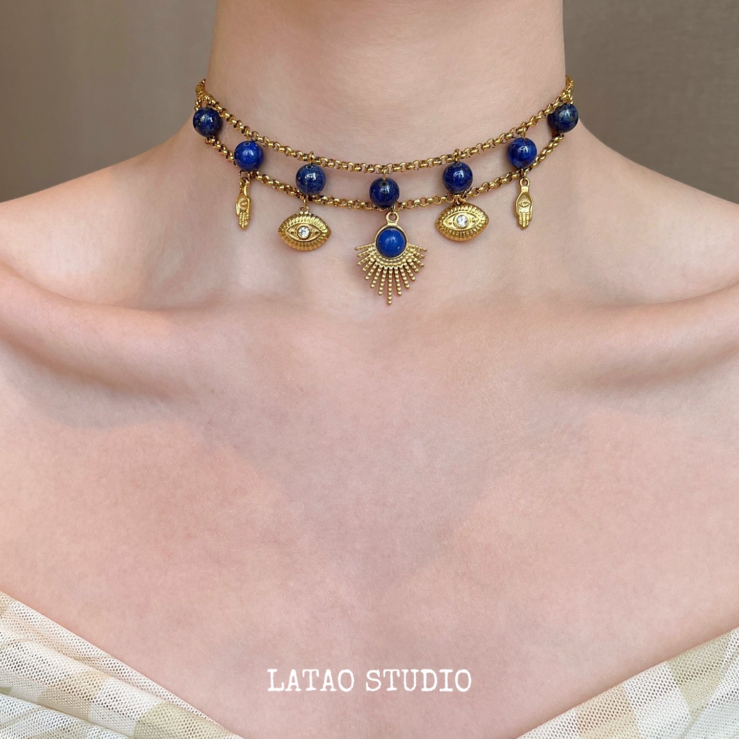 Blue gold lapis lazuli solar titanium steel choker necklace