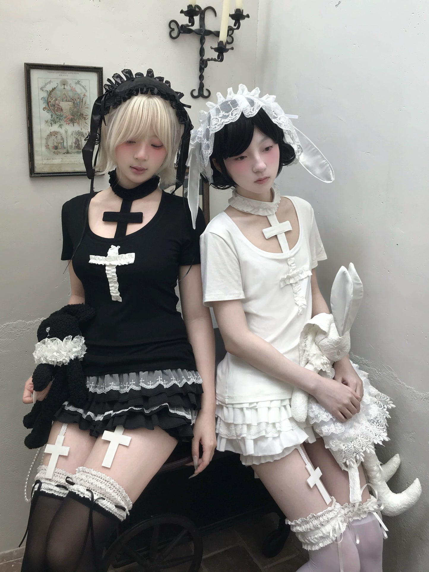 Dark White Gothic Cross Neck Hanging T-shirt Cake Skirt