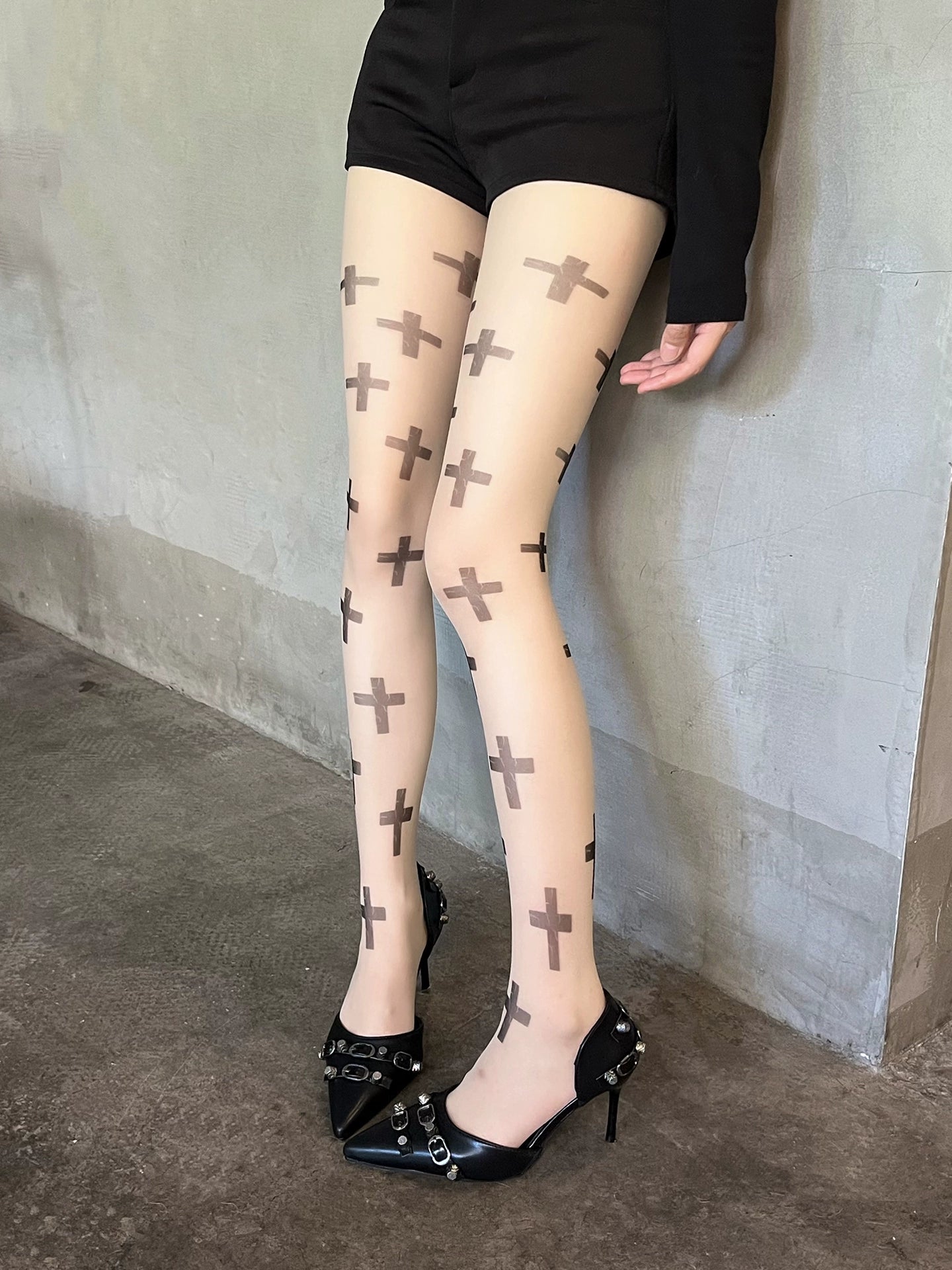 Minimalist Cross Print Sheer Tights