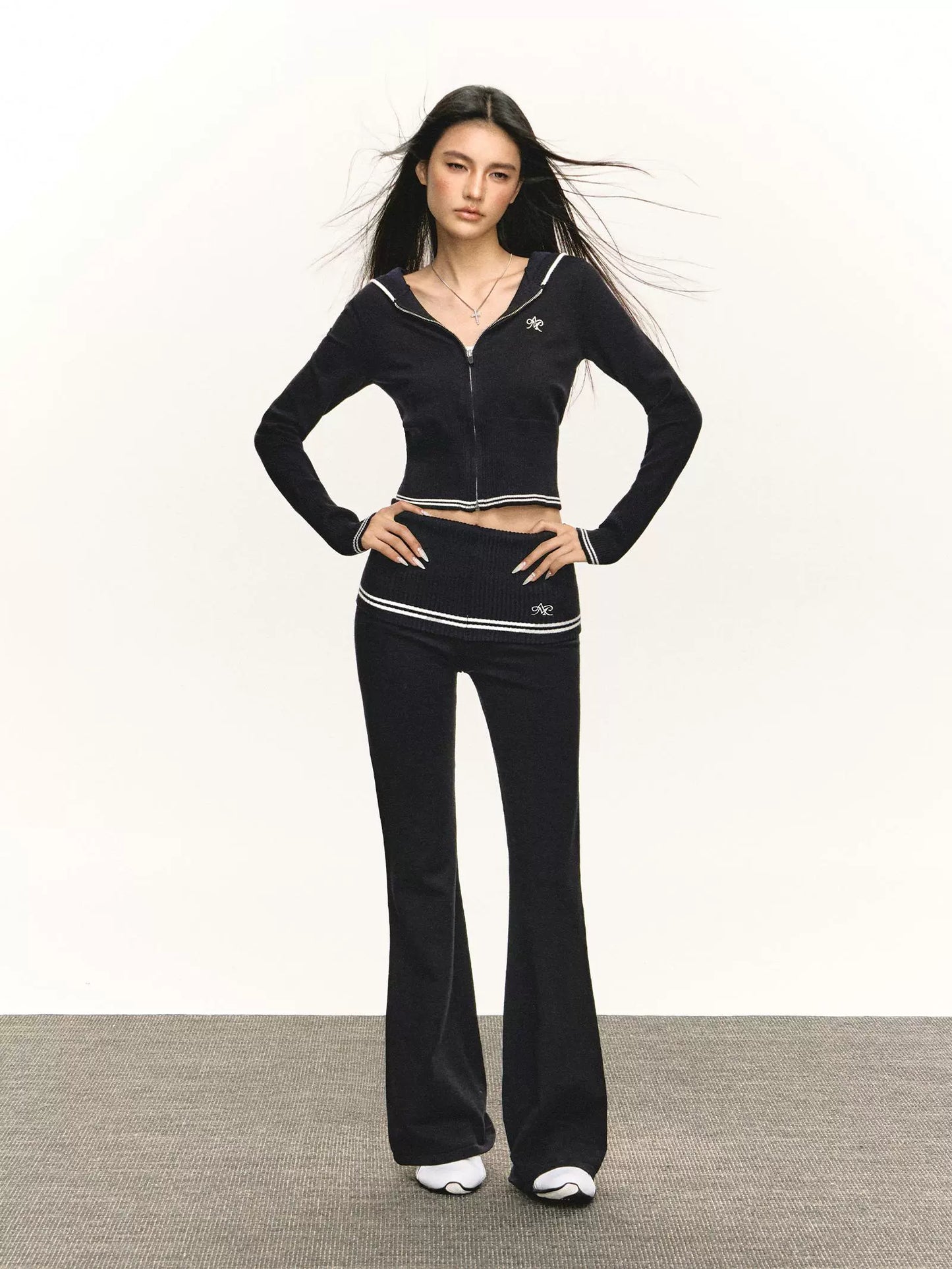 Hooded knit sweater flared pants set