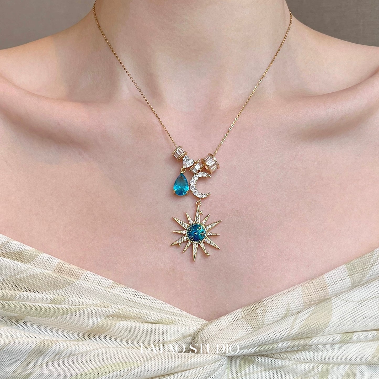Sora Blue Sun Moon Zircon Necklace
