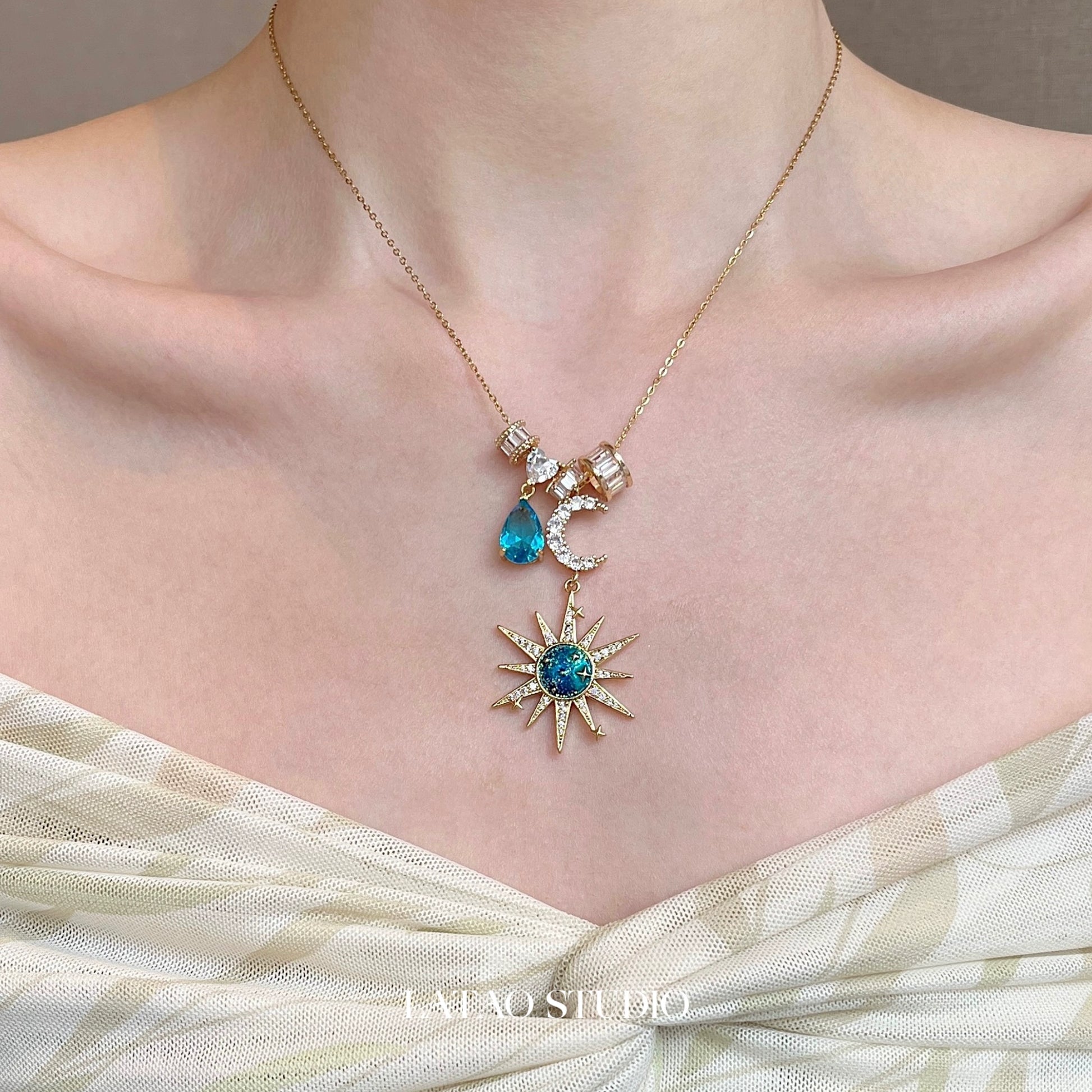 Sora Blue Sun Moon Zircon Necklace