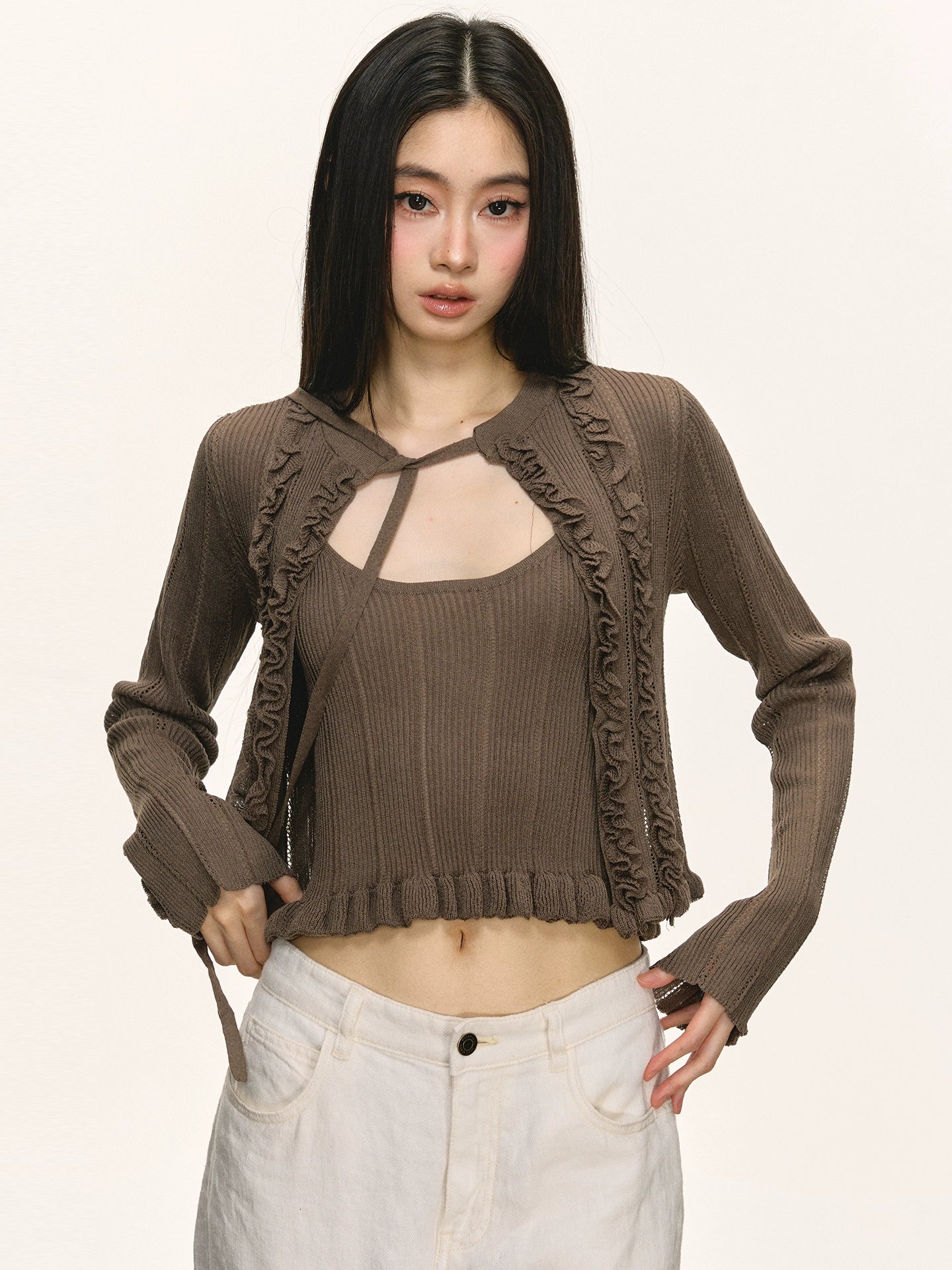 Short cami cardigan two-piece set