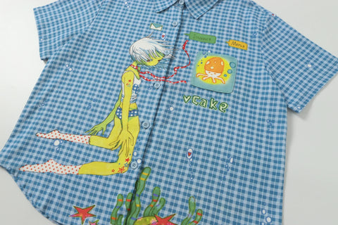 Octopus grass blue plaid short-sleeved shirt