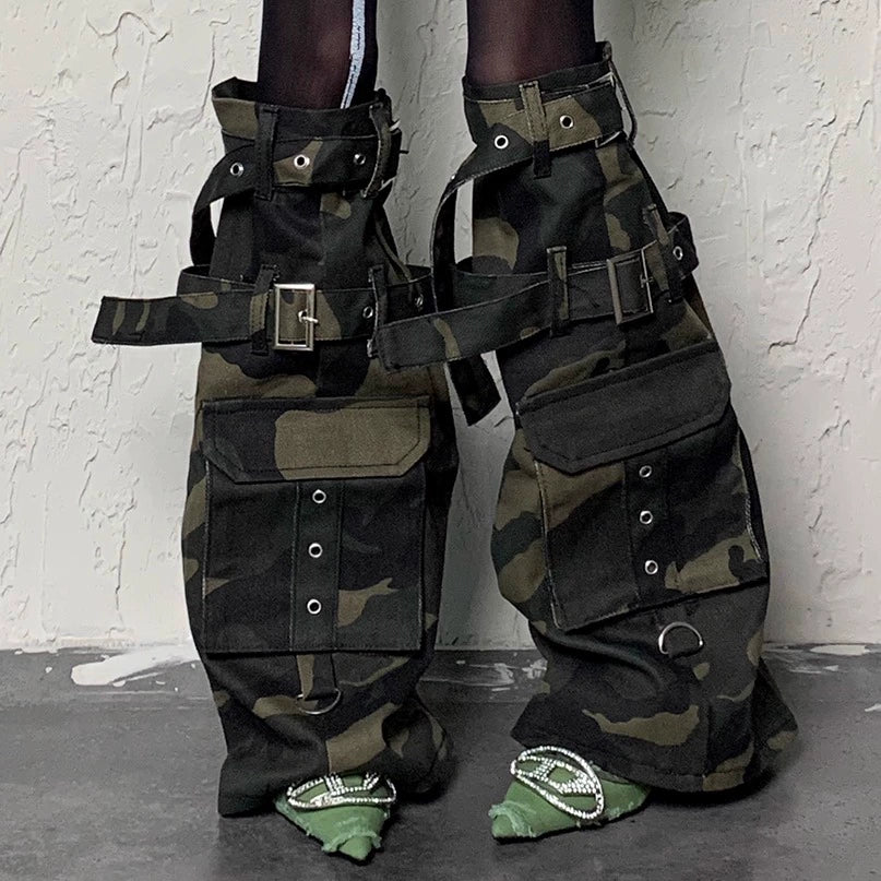 Y2K Apocalypse Sweetheart~White Bottom Black Cross Strap x Camouflage Punk Socks