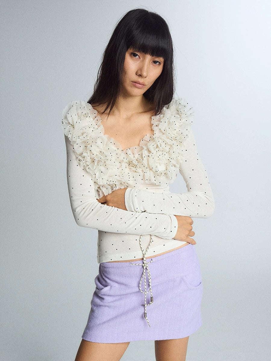 Wave dot fungus lace elastic low neck long sleeved base T-shirt