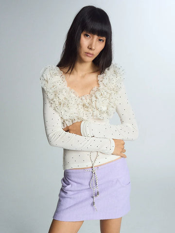 Wave dot fungus lace elastic low neck long sleeved base T-shirt