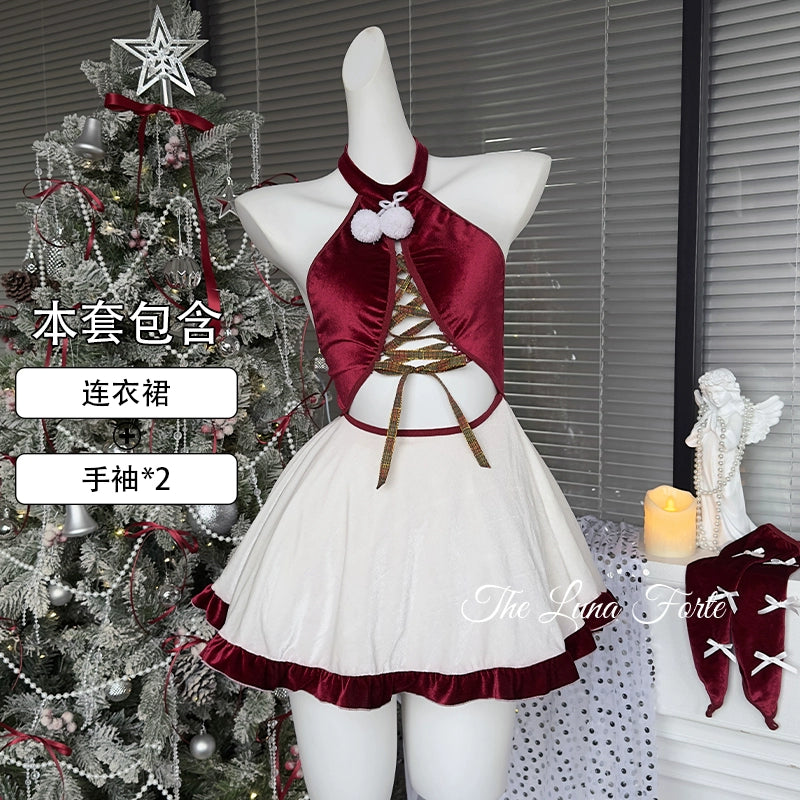 Christmas Red Velvet Neck Hanging Dress