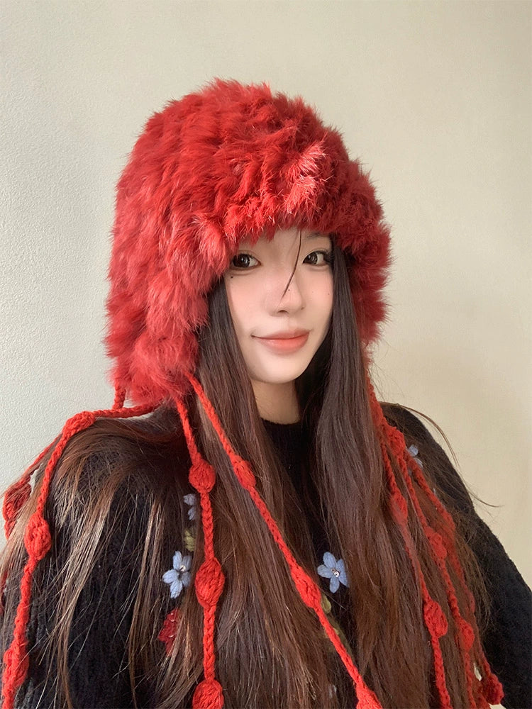 Red rabbit fur knitted plush hat