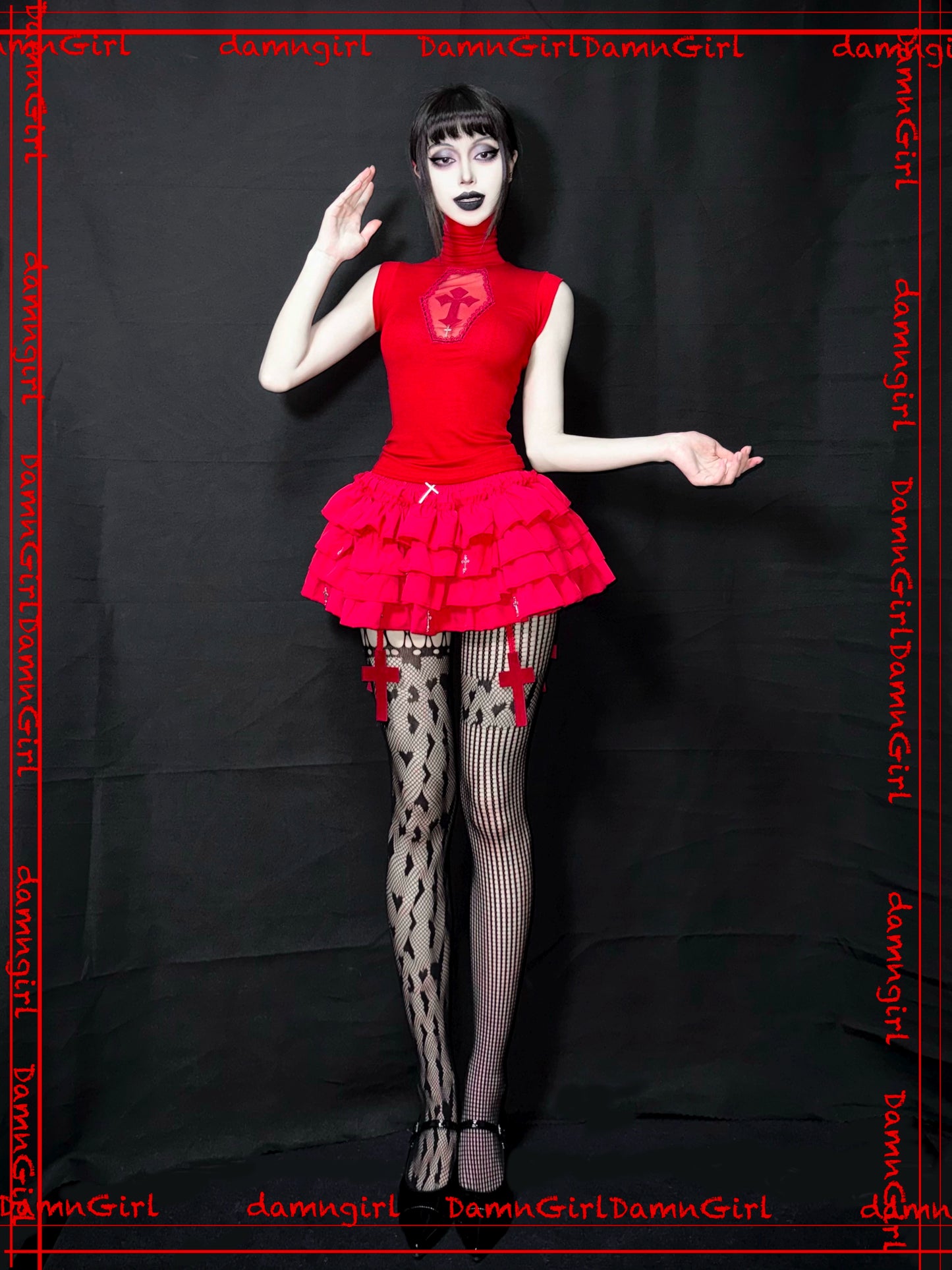 Christmas Wine Deep Red Gothic Cross Hollow High Neck Knitted Shirt