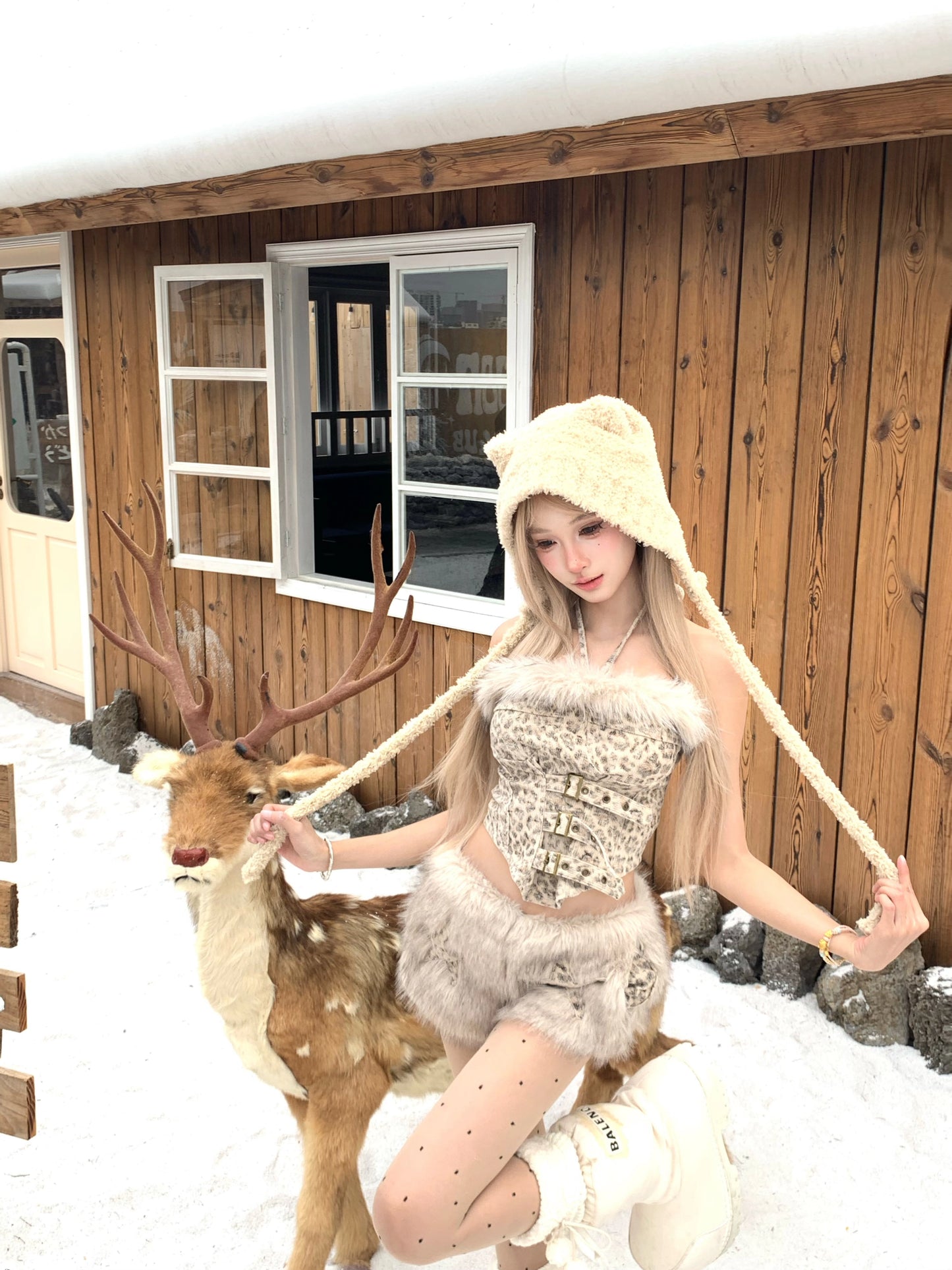 Leopard print tube top faux fur coat shorts set