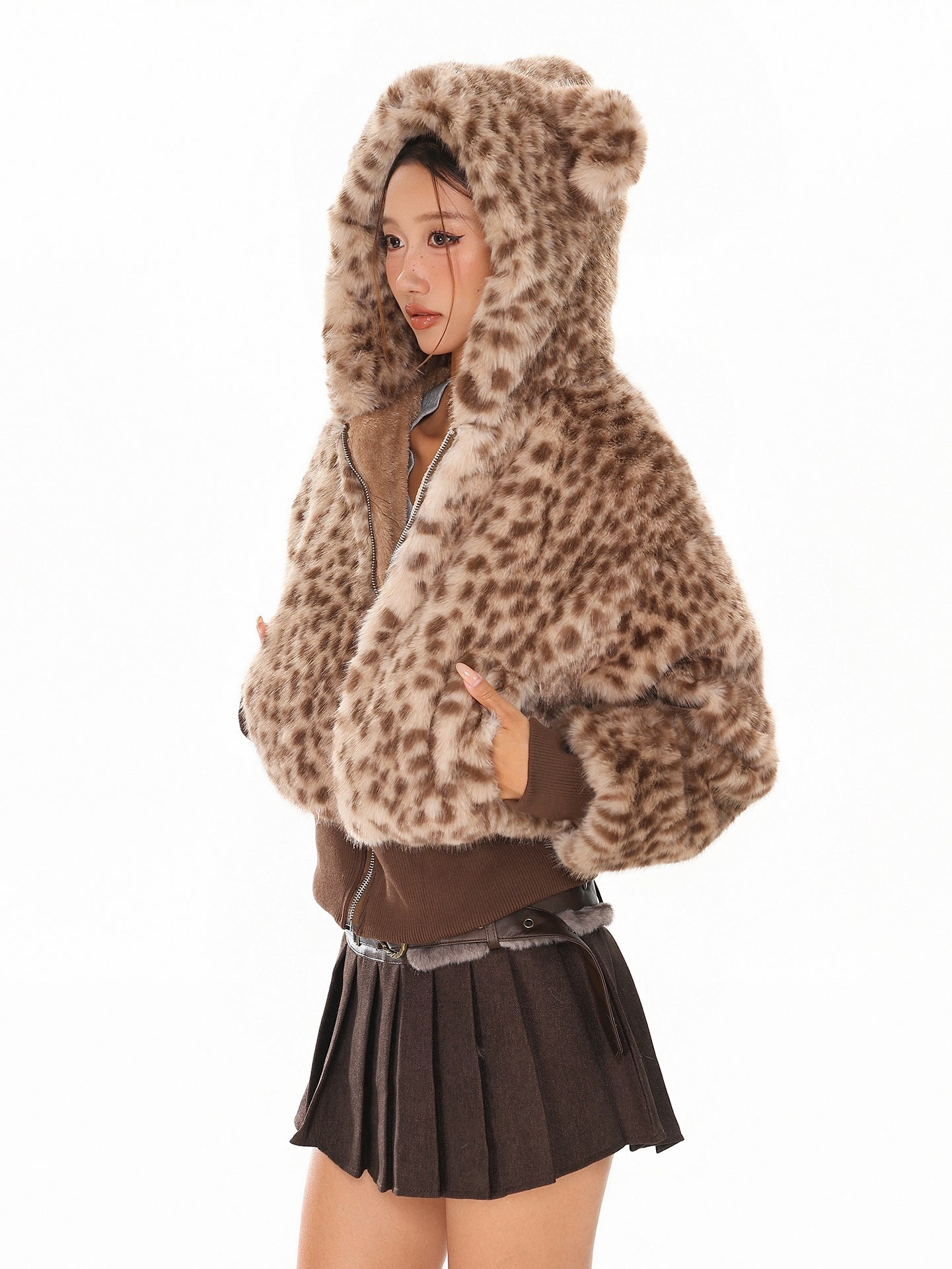 Retro leopard print bear ear cotton jacket