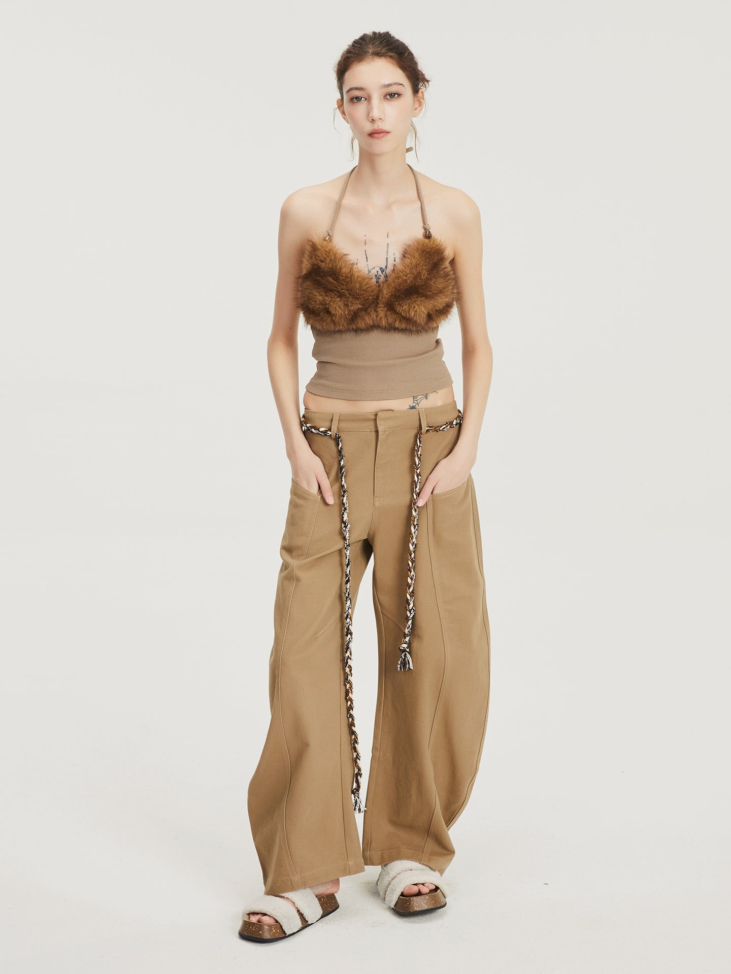 Grey Splicing faux fur cami