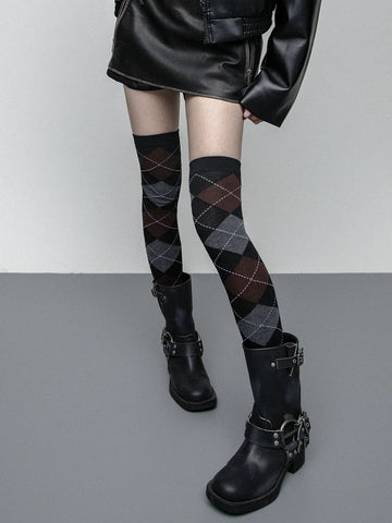 High bounce knee high diamond checkered punk thigh socks